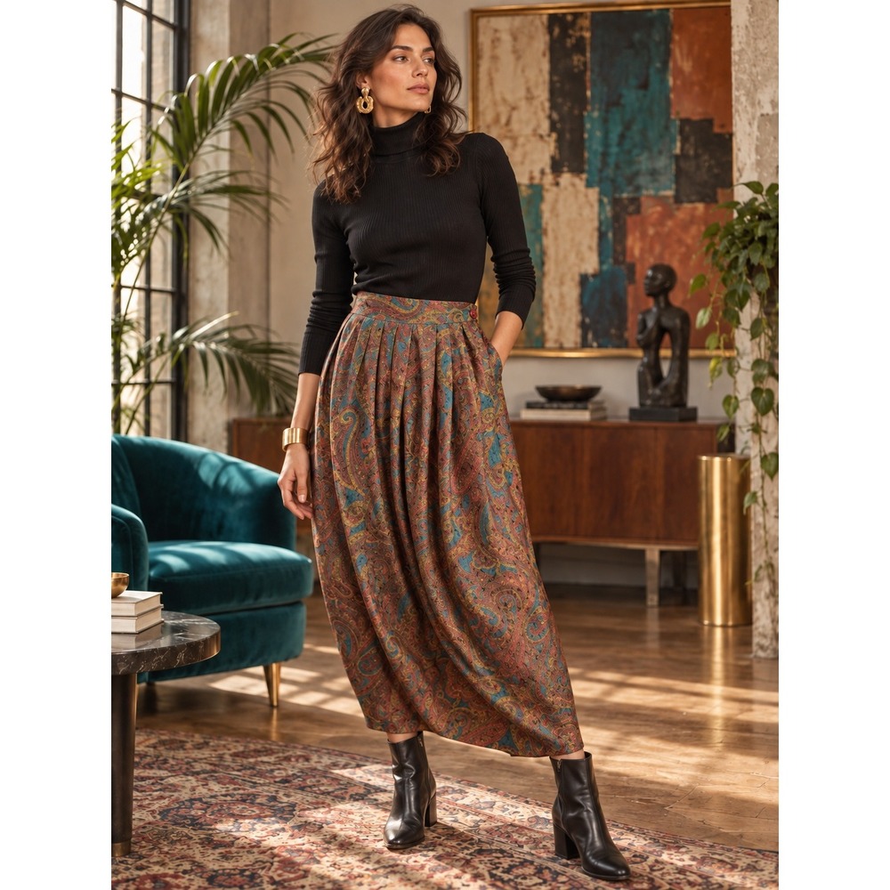 Victoria Ashley Vintage Paisley Midi Skirt Burgundy Pleated 9/10 Boho Eclectic